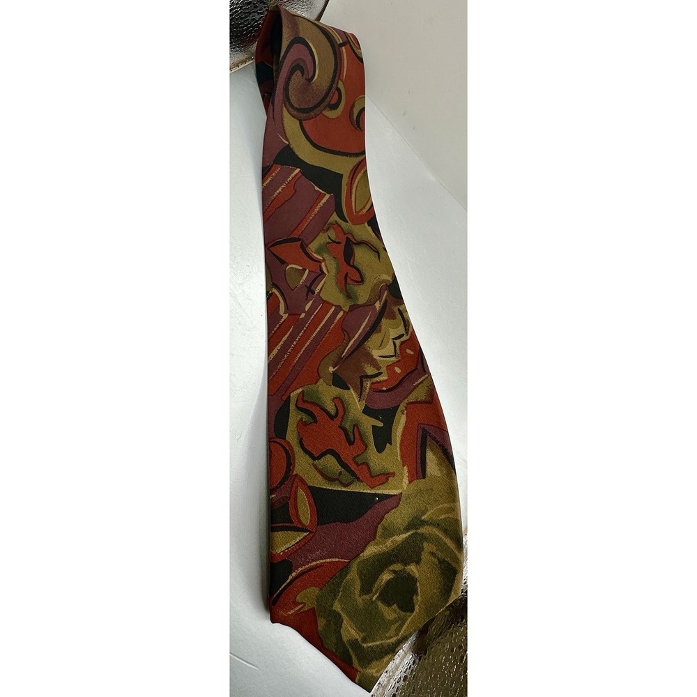 Galli Italy Pure Silk Abstract Art Necktie Red Olive Brown Designer Tie‎